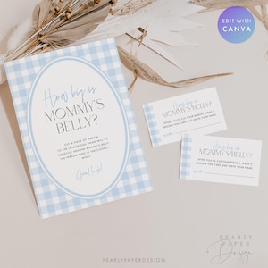 Puede incluir: Un juego para baby shower con un dise&ntilde;o de cuadros azules. El conjunto incluye una tarjeta grande con el texto "How big is Mommy's Belly?" y tarjetas m&aacute;s peque&ntilde;as con instrucciones. El dise&ntilde;o es ligero y aireado.