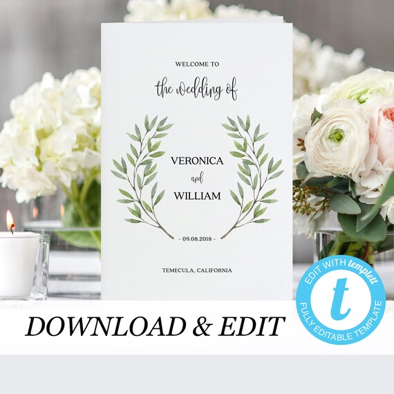 Wedding Ceremony Booklet Template Greenery Editable Order Of Etsy
