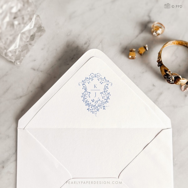 Blue Floral Envelope Liner Template, French Vintage Liner, Toile Crest Envelope Liner, Printable Liner, Monogram Envelope Liner #077
