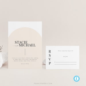 May include: A minimalist wedding invitation with a beige and white color scheme. The invitation features a semi-circle shape with the names "Stacie and Michael" in black text. The text "Invite you to join them to celebrate their wedding 21 August 2021 at 4 o'clock in the afternoon Beaulieu Gardens, Napa Valley, California party to follow" is printed below the names. A matching RSVP card is also included.