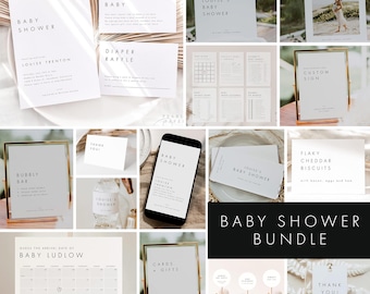 Baby Shower Invitation and Games Bundle, Minimalist Baby Games Bundle, Baby Shower Signs Download, Editable Shower Game #M21