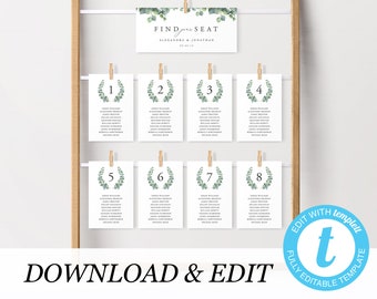 Wedding Seating Chart Template, Eucalyptus table cards Seating Plan, Greenery seating, Templett, Instant Download Fully Editable Templett 04