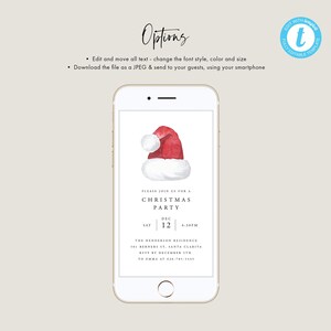 May include: A digital invitation for a Christmas party with a watercolor illustration of a Santa hat. The invitation includes the date, time, and location of the party. RSVP by December 12th to Emma at 626-783-5343.