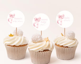 Pink Bow Cupcake Toppers Template, Coquette Baby Girl Shower Cupcake Toppers, Printable Cake Toppers, Editable Template, Templett #088