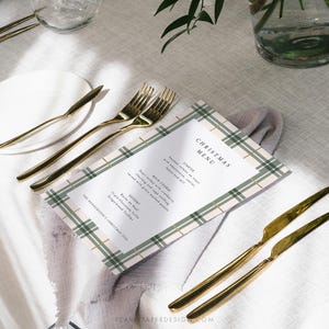 May include: A Christmas menu template with a green and white plaid pattern. The menu includes a starter, main course, and dessert. The text on the menu reads "Christmas Menu", "Starter", "Main Course", "Dessert", "Triple Chocolate Truffles", "Gingerbread Truffles", "The Henderson's Christmas 2024", and "Pear Paper Design.com".