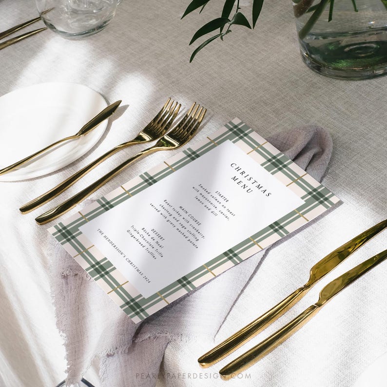 May include: A Christmas menu template with a green and white plaid pattern. The menu includes a starter, main course, and dessert. The text on the menu reads "Christmas Menu", "Starter", "Main Course", "Dessert", "Triple Chocolate Truffles", "Gingerbread Truffles", "The Henderson's Christmas 2024", and "Pear Paper Design.com".