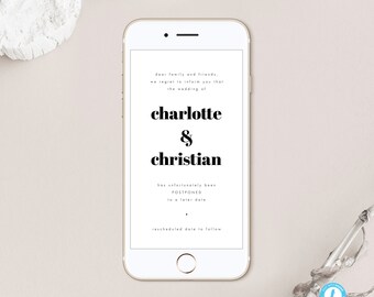 Modèle numérique de mariage reporté à télécharger, faire-part d'annulation simple moderne, changement de plans Templett 33