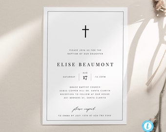 May include: A white baptism invitation with a black cross at the top. The invitation reads "Please join us for the baptism of our daughter Elise Beaumont" and includes the date and time of the event. The invitation also includes the location of the church and reception.
