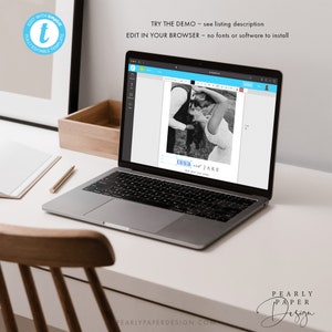 May include: A laptop computer screen displaying a wedding invitation template with a black and white photo of a couple. The text on the template reads "ISSA and JAKE Our Best Day Ever".