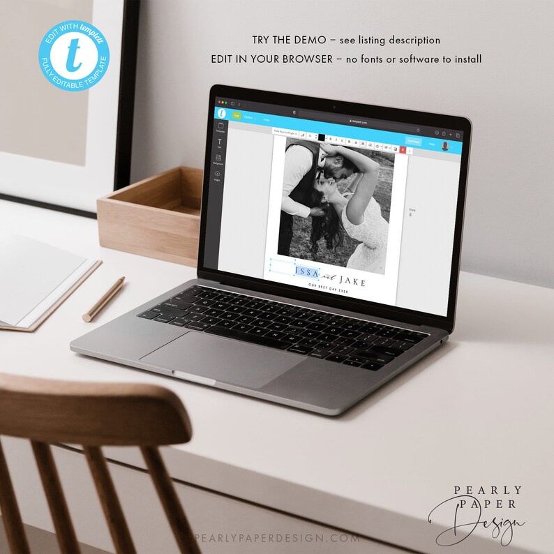 May include: A laptop computer screen displaying a wedding invitation template with a black and white photo of a couple. The text on the template reads "ISSA and JAKE Our Best Day Ever".
