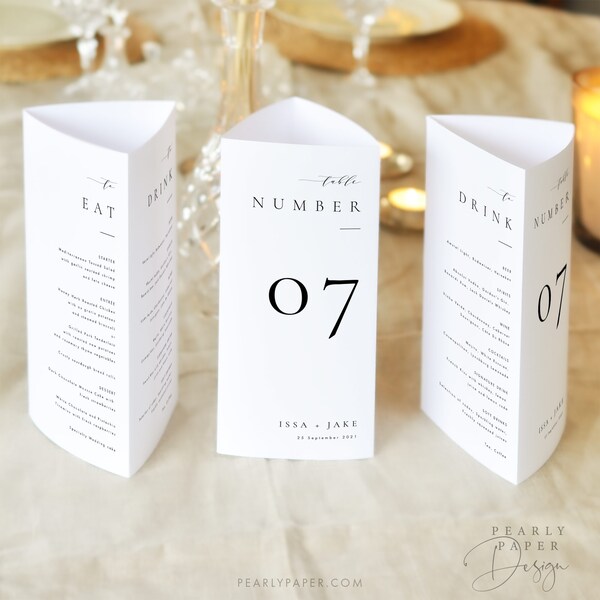 Editable Trifold Table Number Template, Elegant Wedding Menu Template, Printable Trifold Menu, Modern table numbers, Templett #36