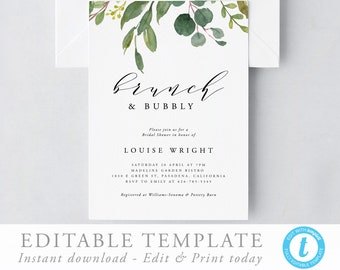 May include: Editable template for a bridal shower invitation featuring a watercolour illustration of green leaves and the text "brunch & bubbly". The invitation includes the name Louise Wright, the date and time of the event, the location, and RSVP information.