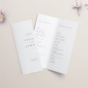 結婚式二つ折りプログラム シンプルなプログラムテンプレート ブックレット エレガントな結婚式の式次第 編集可能な結婚式プログラム テンプレート #ISSA
