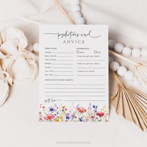 Boho kaartsjabloon baby voorspellingen, bloemen babyshower advies kaart Templett, afdrukbare sjabloon babyspel, wilde bloemen babyshower spel #082