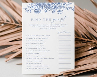 Find the Guest Game Template, Blue Floral Bridal Game, Vintage Botanical Bridal Shower Games, Toile Find the Guest, Templett #077