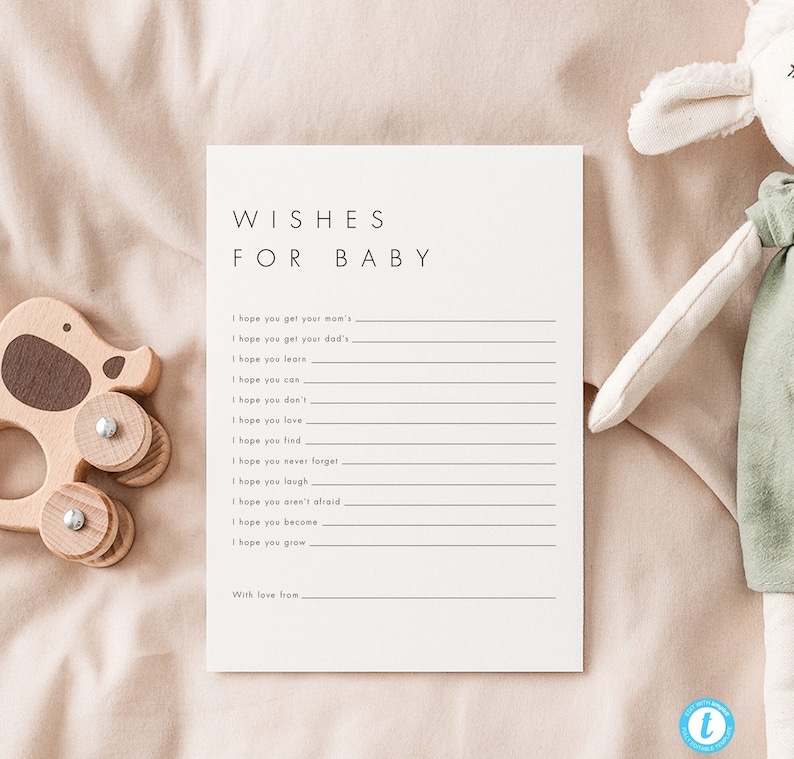Puede incluir: Una tarjeta de juego de baby shower imprimible con el texto "Deseos para el beb&eacute;" y una lista de deseos para el beb&eacute;, como "Espero que tengas la... de tu madre" y "Espero que crezcas..."