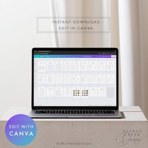 Puede incluir: Un ordenador port&aacute;til muestra una plantilla de planificador digital. La pantalla muestra p&aacute;ginas con calendarios, listas y secciones de fotos. El texto incluye "Descarga instant&aacute;nea", "Editar en Canva" y "Editar con Canva". El port&aacute;til est&aacute; sobre una superficie de hormig&oacute;n.
