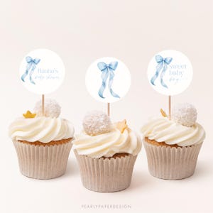 Blue Bow Cupcake Toppers Template, Coquette Baby Boy Shower Cupcake Toppers, Printable Cake Toppers, Editable Template, Templett #bl088