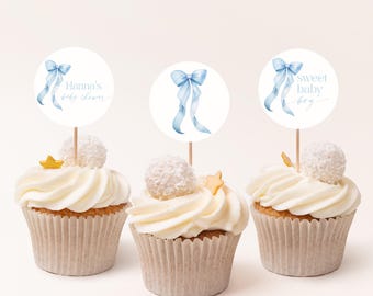 Blue Bow Cupcake Toppers Template, Coquette Baby Boy Shower Cupcake Toppers, Printable Cake Toppers, Editable Template, Templett #bl088