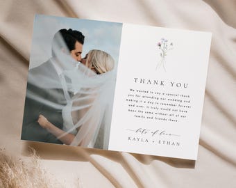 Floral Wedding Thank You Card Template, Wildflower Thank you card with Photo, Boho Thank You Photo Card, Templett #073