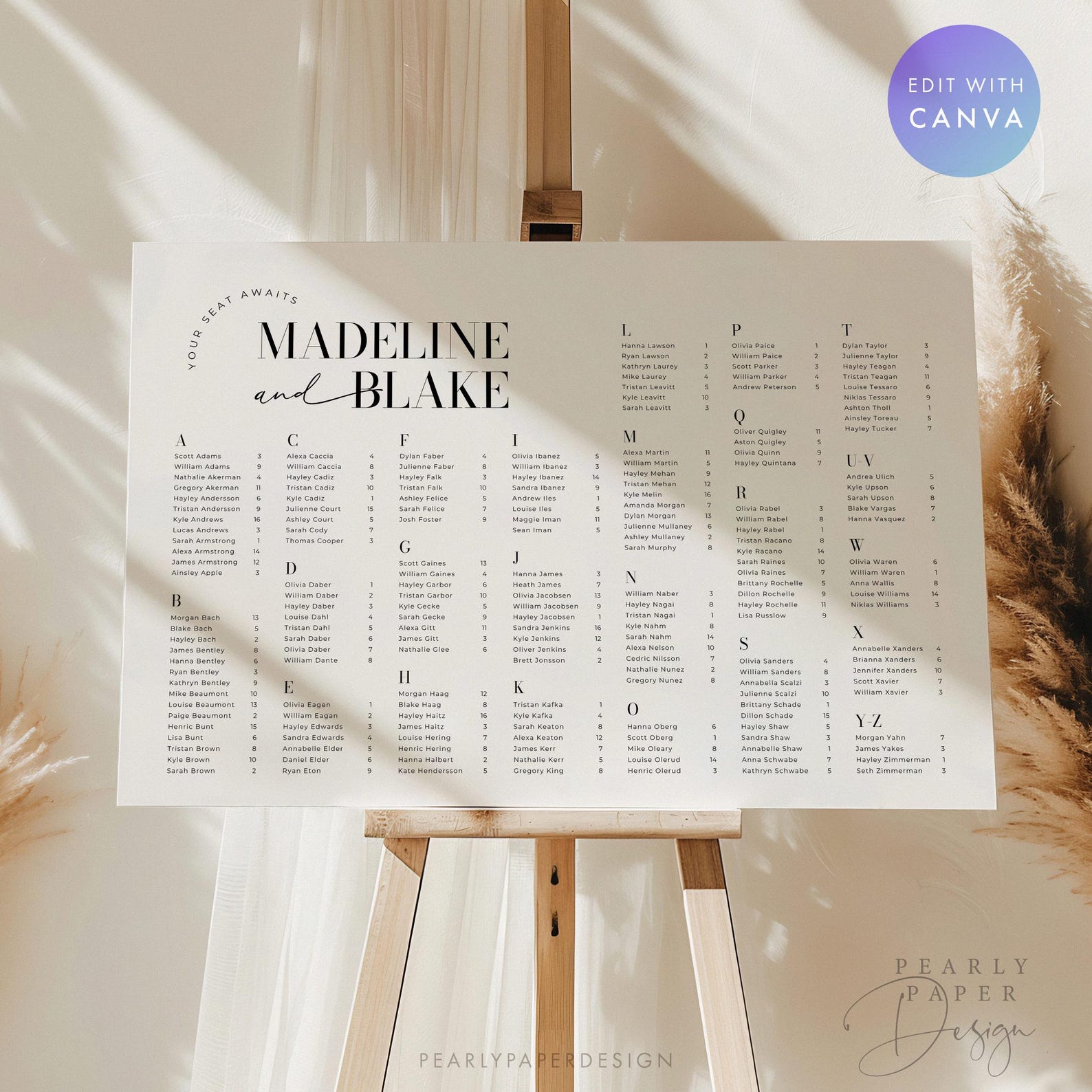 Alphabetical Seating Chart Template, Minimalist Wedding Seating Sign ...