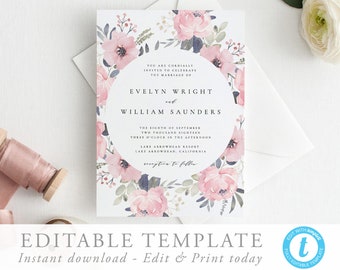 Blush Wedding Invitation Boho wedding invitation Template Floral wedding Editable invite Printable Wedding Rustic Wedding Templett 09