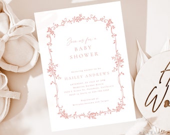 Może przedstawiać: Różowe zaproszenie na baby shower z delikatną ramką i tekstem "Join us for a Baby Shower Honoring mother-to-be Hailey Andrews Saturday, 25 July at 2PM Madeline Garden Bistro 1030 E Green St. Pasadena, California RSVP to Emily at 620-705-0345 Registered at Williams-Sonoma and Target"