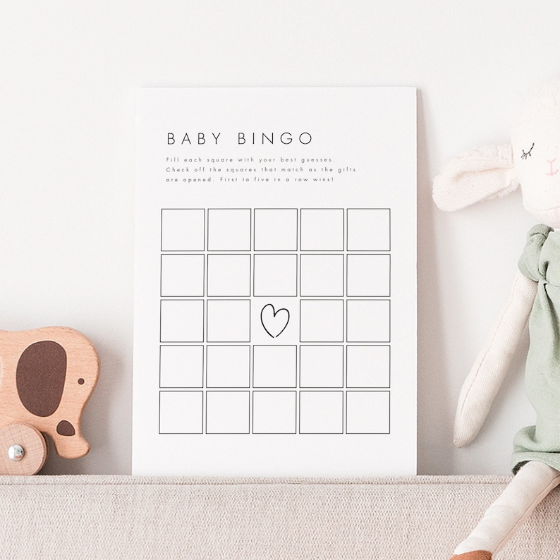 May include: A printable baby bingo card with a heart in the center square. The instructions are to fill each square with guesses about the gifts and check off the squares that match as the gifts are opened. The first person to get five in a row wins.