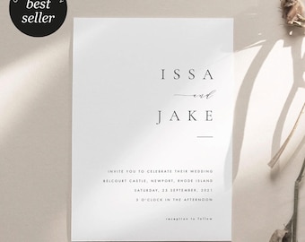 May include: A minimalist wedding invitation with the names "Issa" and "Jake" in black font. The invitation includes the wedding details: Belcourt Castle, Newport, Rhode Island, Saturday, September 25, 2021, 3 O'clock in the afternoon. A "best seller" badge is in the upper left corner.