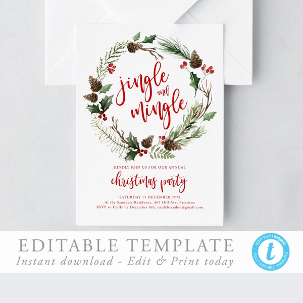 Christmas Invitation Template Jingle and Mingle Invite Holiday Party Invitation Christmas Party Invite Editable Template Winter Greenery