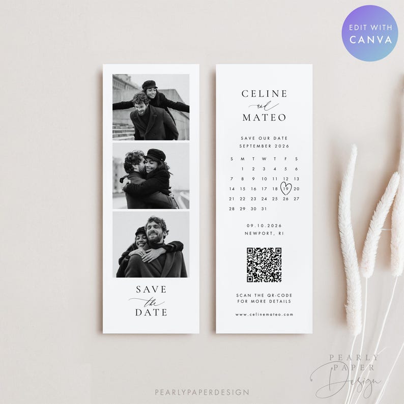 Puede incluir: Una tarjeta de anuncio de boda de doble cara con fotos y texto en blanco y negro. El lado izquierdo tiene tres fotos de una pareja. El lado derecho tiene los nombres "Celine y Mateo", un calendario y un c&oacute;digo QR. El texto dice "Save the Date".
