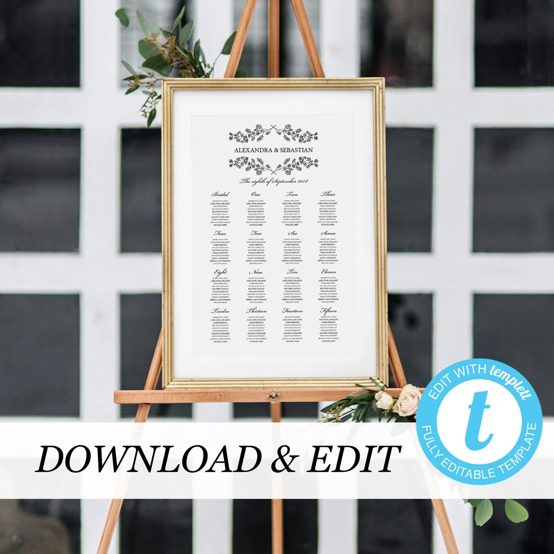 Seating Chart Template, Black White Seating Chart, Templett, Printable ...