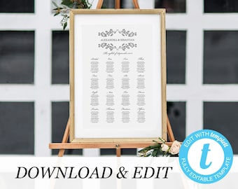 Seating chart template, Black white Seating Chart, Templett, printable template, wedding DIY, Printable pdf, instant download