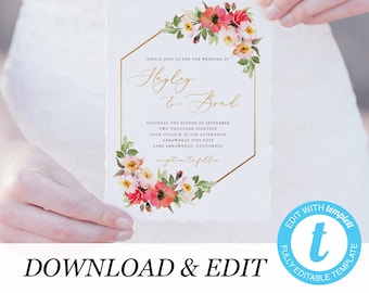 Floral wedding invitation template Gold Wedding invitation Printable wedding invites Templett Printable invitations DIY 08