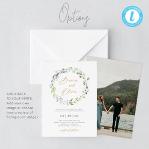 May include: A wedding invitation with a watercolor wreath of green leaves and white flowers. The invitation reads "Diaben and Oliver" and includes the date "Sat 25 Jul" and the location "Rutherford, California".