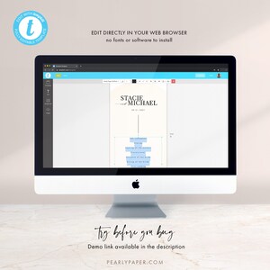 May include: A computer screen displaying a wedding program template with the names "Stacie" and "Michael" at the top. The template is customizable and can be edited directly in a web browser. The text "Try before you buy" and "Demo link available in the description" is displayed below the screen.