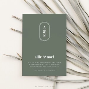 May include: A green wedding invitation with a white monogram of "A & N" in a circle. The text reads "allie & noel" and includes the wedding date, time, location, and dress code.