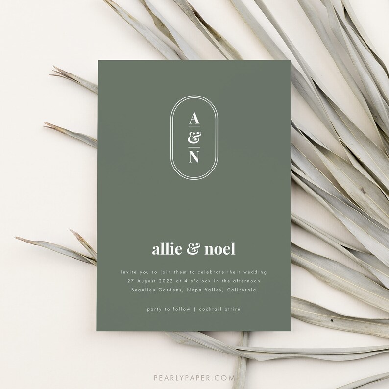 May include: A green wedding invitation with a white monogram of "A & N" in a circle. The text reads "allie & noel" and includes the wedding date, time, location, and dress code.