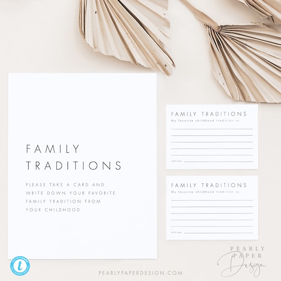 Family Traditions Sign and Card, Minimalist Baby Shower Game Template, Childhood Traditions, Editable Baby Shower Game, Templett #M21