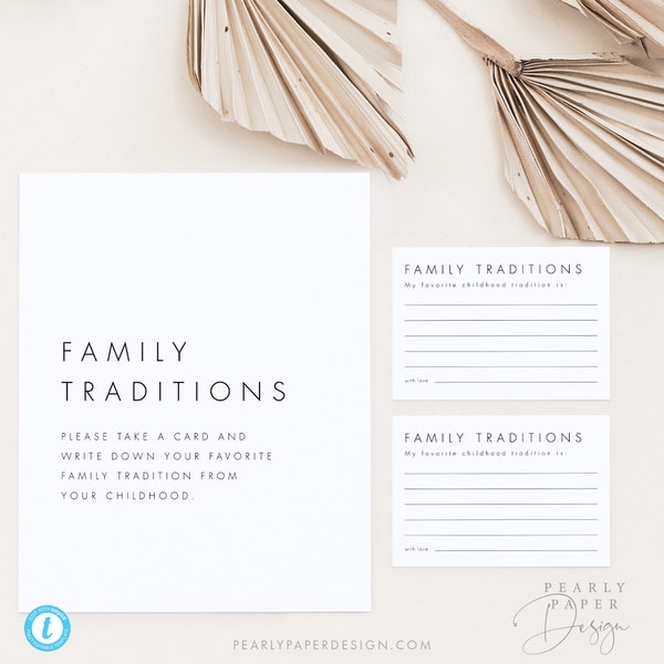 Family Traditions Sign and Card, Minimalist Baby Shower Game Template, Childhood Traditions, Editable Baby Shower Game, Templett #M21