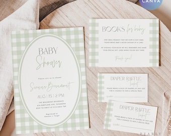 Green Gingham Baby Shower Invitation Set: Plaid Books for Baby, Diaper Raffle (Canva Template) #GH2506