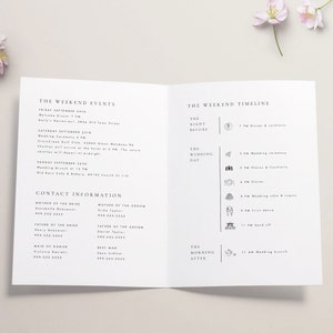 May include: A white wedding invitation with black text. The front of the invitation lists the weekend events, including a welcome dinner, wedding ceremony, and wedding brunch. The back of the invitation lists the weekend timeline, including the wedding ceremony, photos and cocktails, dinner, wedding cake and toasts, first dance, send off, and wedding brunch.