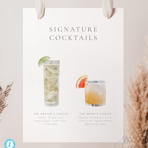 Modèle de menu de cocktails Signature Cocktails Signature imprimable Panneau à télécharger Bar Wedding Bar Panneau élégant Panneau signature pour boisson Templett #14