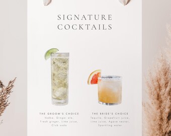 Może przedstawiać: Biała karta z tekstem "SIGNATURE COCKTAILS" u góry. Pokazano dwie akwarelowe ilustracje koktajli z ich składnikami wymienionymi poniżej. Pierwszy koktajl to wysoka szklanka z plasterkiem limonki i jest oznaczony jako "THE GROOM'S CHOICE". Drugi koktajl to niższa szklanka z plasterkiem grejpfruta i jest oznaczony jako "THE BRIDE'S CHOICE".