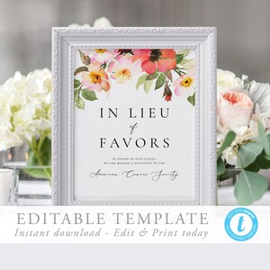 Plantilla de letrero de "En lugar de favores" Letrero de donación de boda editable Letrero de caridad de boda Letrero floral ruborizado de boda imprimible Templett 08