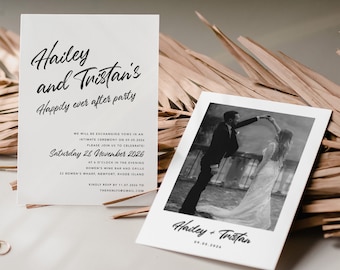 May include: A wedding invitation featuring a black and white photograph of a couple dancing. The invitation text reads "Hailey and Tristan's Happily ever after party" and includes the date and time of the wedding reception. The text also includes the location of the reception, which is Bowen's Wine Bar and Grille in Newport, Rhode Island.