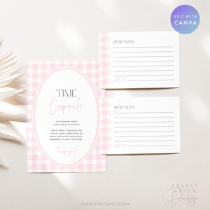 May include: A pink and white gingham time capsule card with the text "TIME Capsule" and instructions. Two smaller cards with lined spaces and the text "Dear Olivia" are also included. The design is for a birthday celebration.