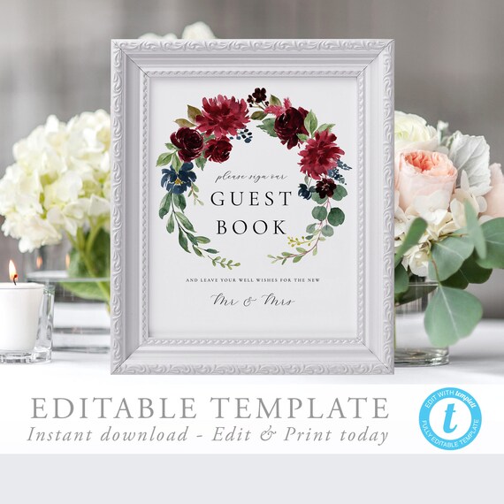 Marsala Guest Book Sign Template Burgundy Merlot Wedding Guest Etsy