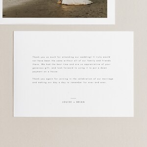 Puede incluir: Una tarjeta blanca con un mensaje de agradecimiento a los invitados de la boda. El mensaje expresa gratitud por asistir a la boda y menciona que la pareja usar&aacute; los regalos para dar una entrada para una casa. La tarjeta est&aacute; firmada "Louise + Brian".