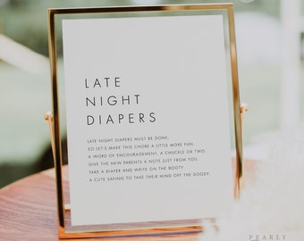 Late Night Diapers Sign Template, Printable Late Night Diaper Sign, Minimalist Baby Shower Games, Diaper Message Game, Templett #M21